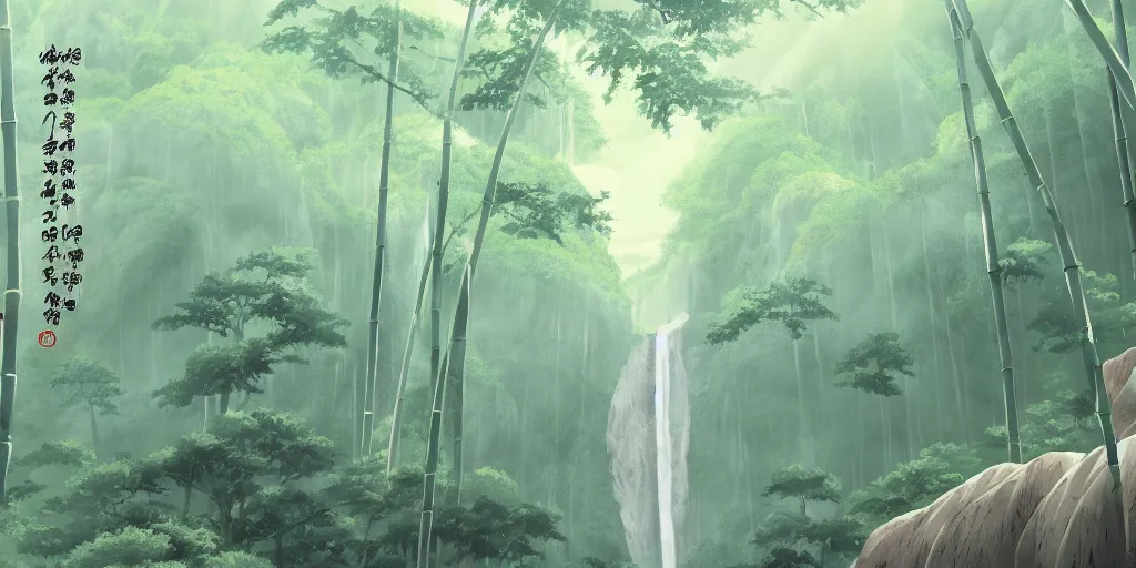 Prompt: misty japanese bamboo forest, cell shaded, huge waterfall!!!!!, large rocky mountain, rule of thirds, sunny, cartoony, drawing, stylized anime, sun rays, soft, by hayao miyazaki, ghibli studio, makoto shinkai, toei animation, studio trigger, trending on artstation, 4 k, hd