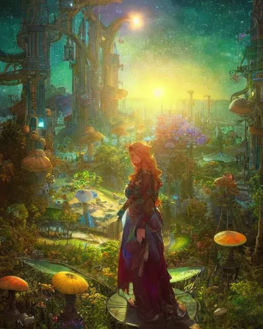 Image similar to girl in solarpunk fantasy village, evening, 4 k, ultra realistic, detailed, epic lighting, starry sky, magical, glowing forest, mushrooms, machines, high detail, masterpiece, trending on artstation by artgerm and akihito tsukushi and alphonse mucha