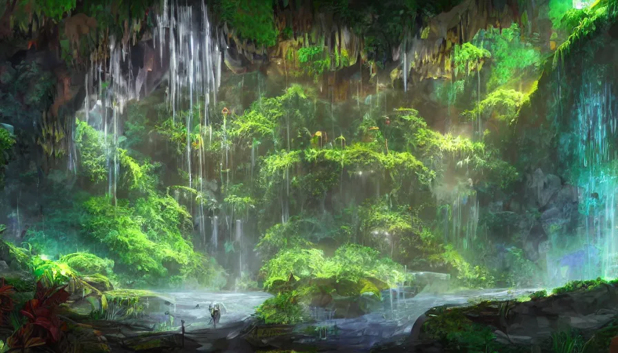 Prompt: concept art of a huge underground jungle cave with waterfalls, luminescent plants, colorful, high detailed, ultra realistic