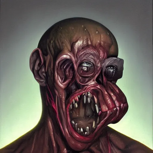 Image similar to oil painting by christian rex van minnen of a portrait of an extremely bizarre disturbing mutated man with intense chiaroscuro lighting perfect composition