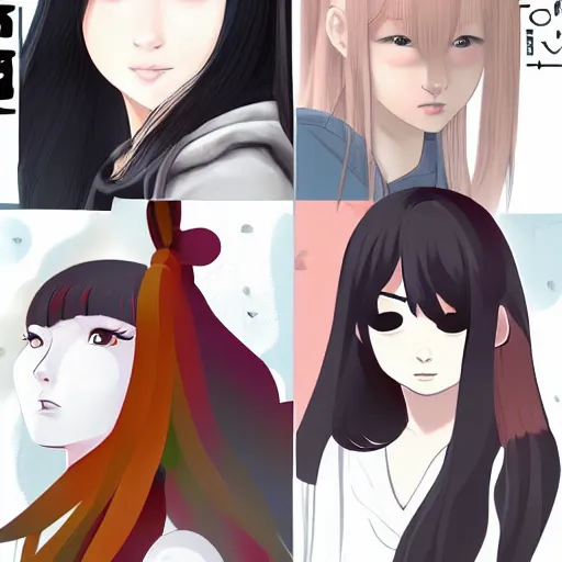 Prompt: portrait of a beautiful korean girl with very long hair and bangs, angular features, angry expression, wearing a black hoodie, in the style of studio trigger, extremely clean lines, anime and manga style