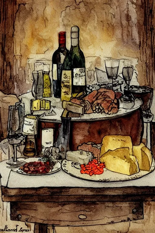 Image similar to pork, meat, schnapps, wine, cheese, candle on a barrel in a cellar, watercolor painting by anderz zorn and carl larsson