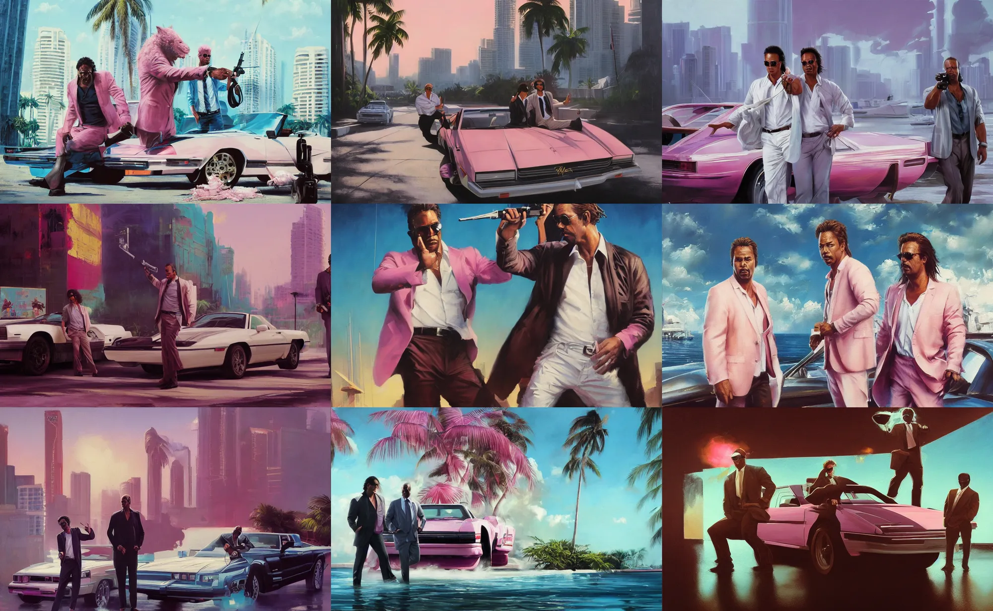 Prompt: an oil painting of crockett and tubbs, miami vice, ultra realistic, highly detailed, brushstrokes, masterpiece, cinematic by frank frazetta, greg rutkowski, beeple, yoko taro, christian macnevin, beeple, wlop, krenz cushart, epic fantasy character art, volumetric lighting, cgsociety, pink and teal