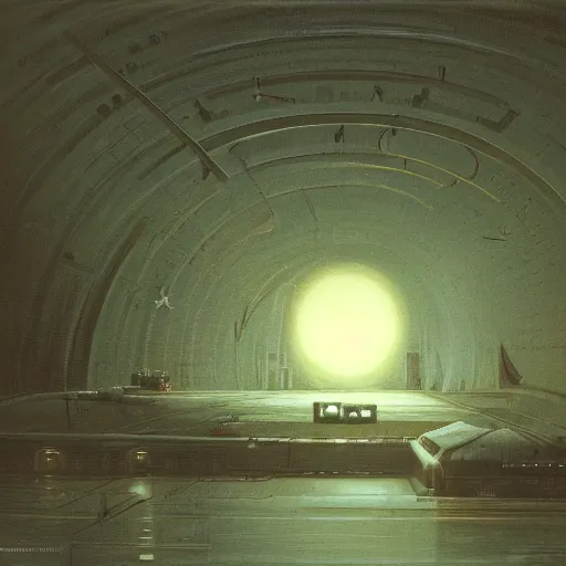 Image similar to Spaceport docking bay at night, inner light. Concept art. Beksinski