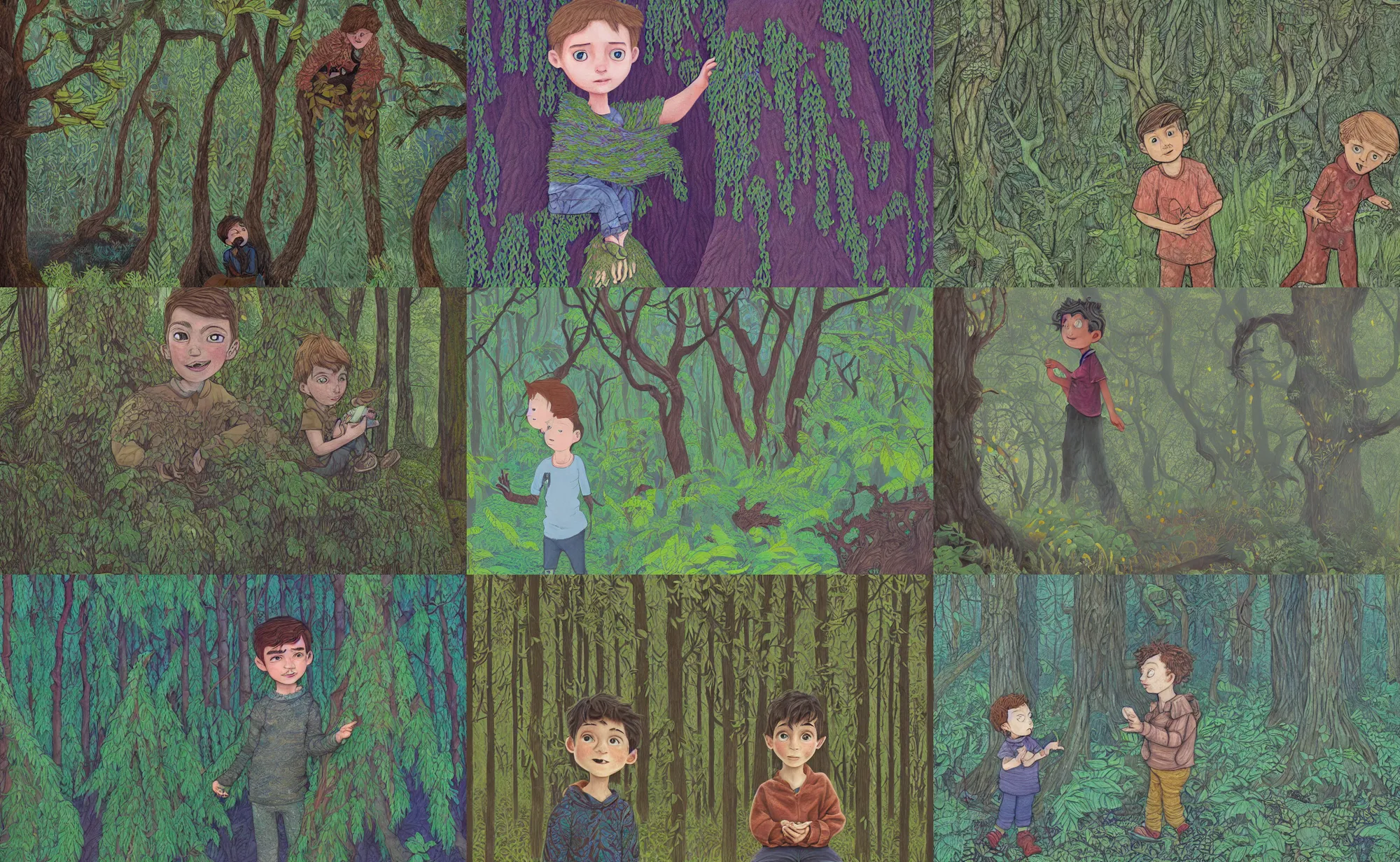 Prompt: kids book illustration of cute boy in forest, by beatrice blue, by julia sarda, by loish, by szymon biernacki. dark guache, pastels. pencils. dark. complex pattern figurative ornamental. leafy mossy patterns intricate. detailed, textured, orthoview