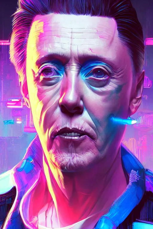 Prompt: a cyberpunk christopher walken with blue and pink hair, neon colors, hyper detailed, digital art, cinematic lighting, concept art by artgerm and greg rutkowski and moebius and jakub rebelka