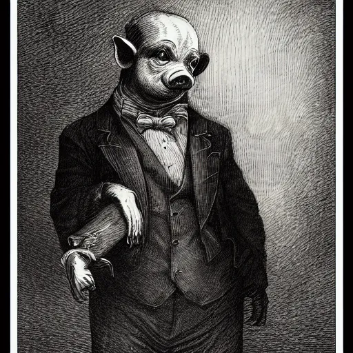 Image similar to a pig in a tuxedo, creepy atmosphere, dark, portrait, realistic portrait, close up, face, very realistic, illustration by Gustave Doré