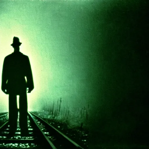 Prompt: the disembodied spirit of a dangerous railroad demon, Boxcar on the railroad, atmospheric and depressed, Cinematic, 35mm, film still from a horror movie