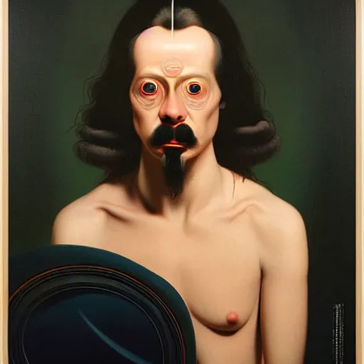 Image similar to unique adventurer portrait, monumental painting by gerrit van honthorst and hajime sorayama and devis stuart, illusion surreal art, highly conceptual figurative art, intricate detailed oil illustration, controversial poster art, polish poster art 1 9 8 0