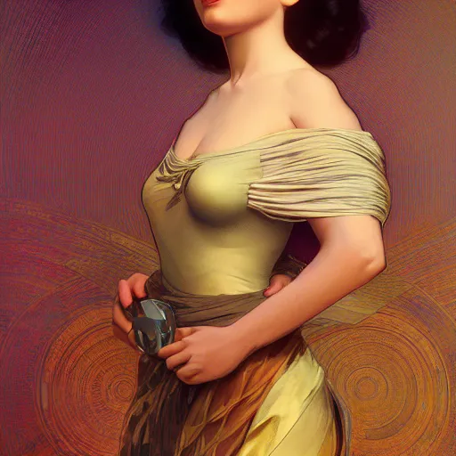 Prompt: modern woman | hyperrealistic | action pose | digital painting | trending on artstation | pinup portrait | clean | illustration | dressed | 3 / 4 | golden ratio | unreal engine 5 | 8 k resolution | by greg rutkowski alphonse mucha gustav klimt and mel ramos