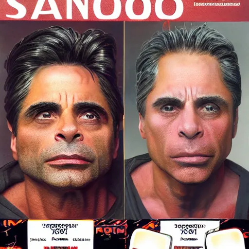 Image similar to john stamos and tony danza, focused, mugshots, photoshoot, sharp details, face photo, face details sharp, by donato giancola and greg rutkowski and wayne barlow and zdzisław beksinski, eyeballs, product photography, action figure, sofubi, studio lighting, colored gels, colored background,