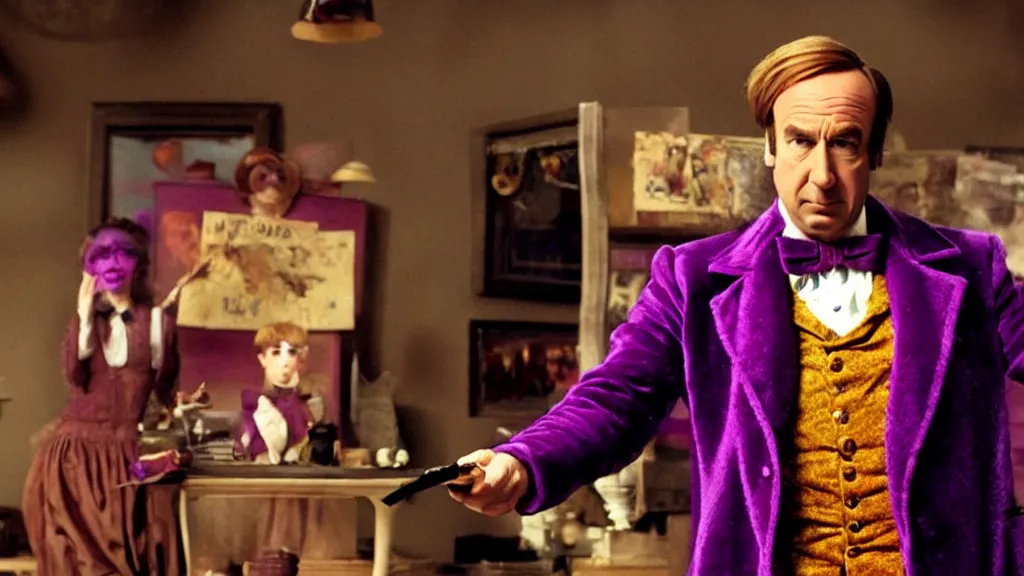 Prompt: saul goodman as Willy Wonka, film still from the movie directed by Denis Villeneuve with art direction by Salvador Dalí, wide lens