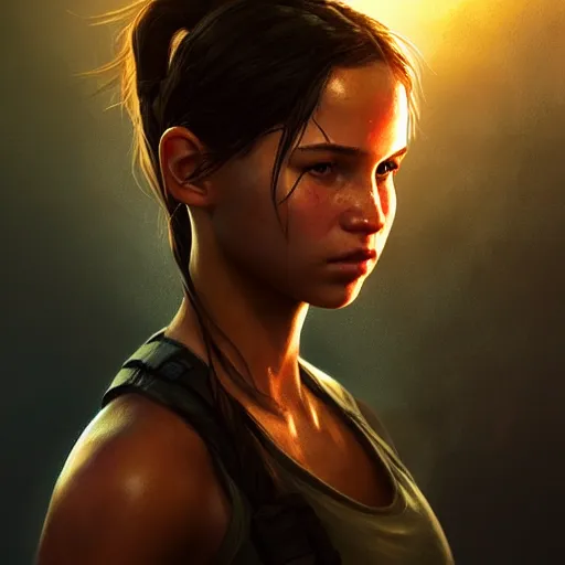 Image similar to realistic young Lara Croft portrait, atmospheric lighting, painted, intricate, volumetric lighting, beautiful, rich deep colors masterpiece, golden hour, sharp focus, ultra detailed, by Leesha Hannigan, Ross Tran, Thierry Doizon, Kai Carpenter, Ignacio Fernández Ríos