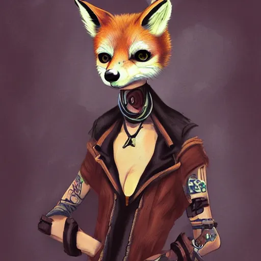 Image similar to Beautiful portrait digital painting, oil painting, anthro anthropomorphic fox androgynous , at a lake anarchist anarcho-punk Punk Punk outfit. furaffinity, artstation