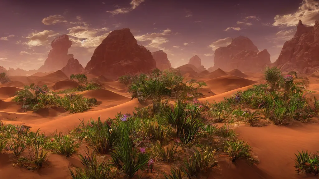 Image similar to The Sahara desert slowly being taken over by plants, fantasy artwork, very very very beautiful scenery, hd, hdr, ue5, ue6, unreal engine 5, cinematic 4k wallpaper, 8k, ultra detailed, high resolution, artstation, award winning
