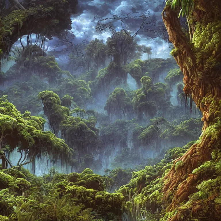 Image similar to digital painting of a lush natural scene on an alien planet by gerald brom. digital render. detailed. beautiful landscape. wet.