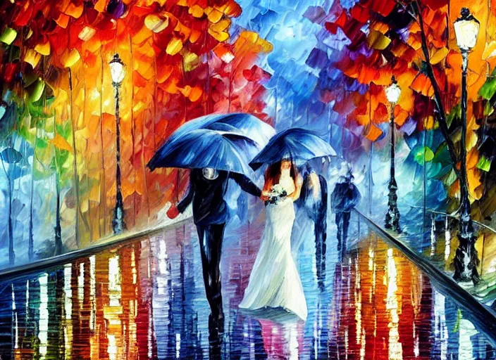 Prompt: A romantic wedding in the rain, painting by Leonid Afremov