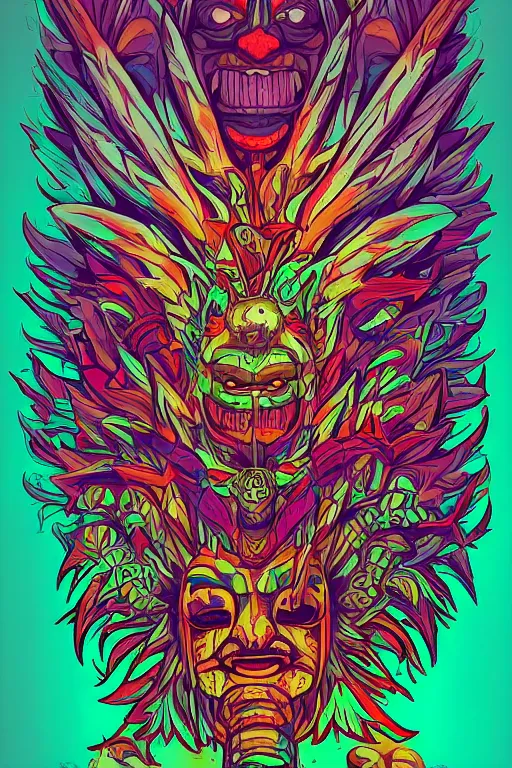 Image similar to totem animal mask tribal feather gemstone plant wood rock shaman vodoo video game vector illustration vivid multicolor borderlands comics by josan gonzales and dan mumford radiating a glowing aura