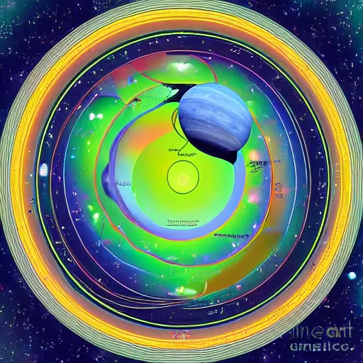 Image similar to orbital map of a planet with many moons, digital art, space