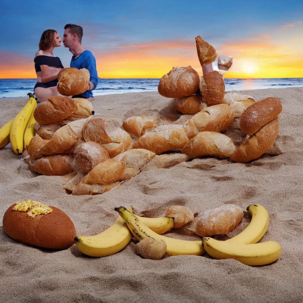 Prompt: a bread and a banana in love at the beach with sunset