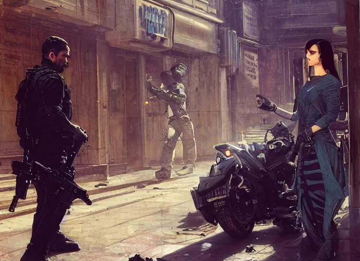 Prompt: Maria evades sgt Griggs. Cyberpunk hacker escaping Menacing Cyberpunk police trooper griggs. (dystopian, police state, Cyberpunk 2077, bladerunner 2049). Iranian orientalist portrait by john william waterhouse and Edwin Longsden Long and Theodore Ralli and Nasreddine Dinet, oil on canvas. Cinematic, vivid colors, hyper realism, realistic proportions, dramatic lighting, high detail 4k