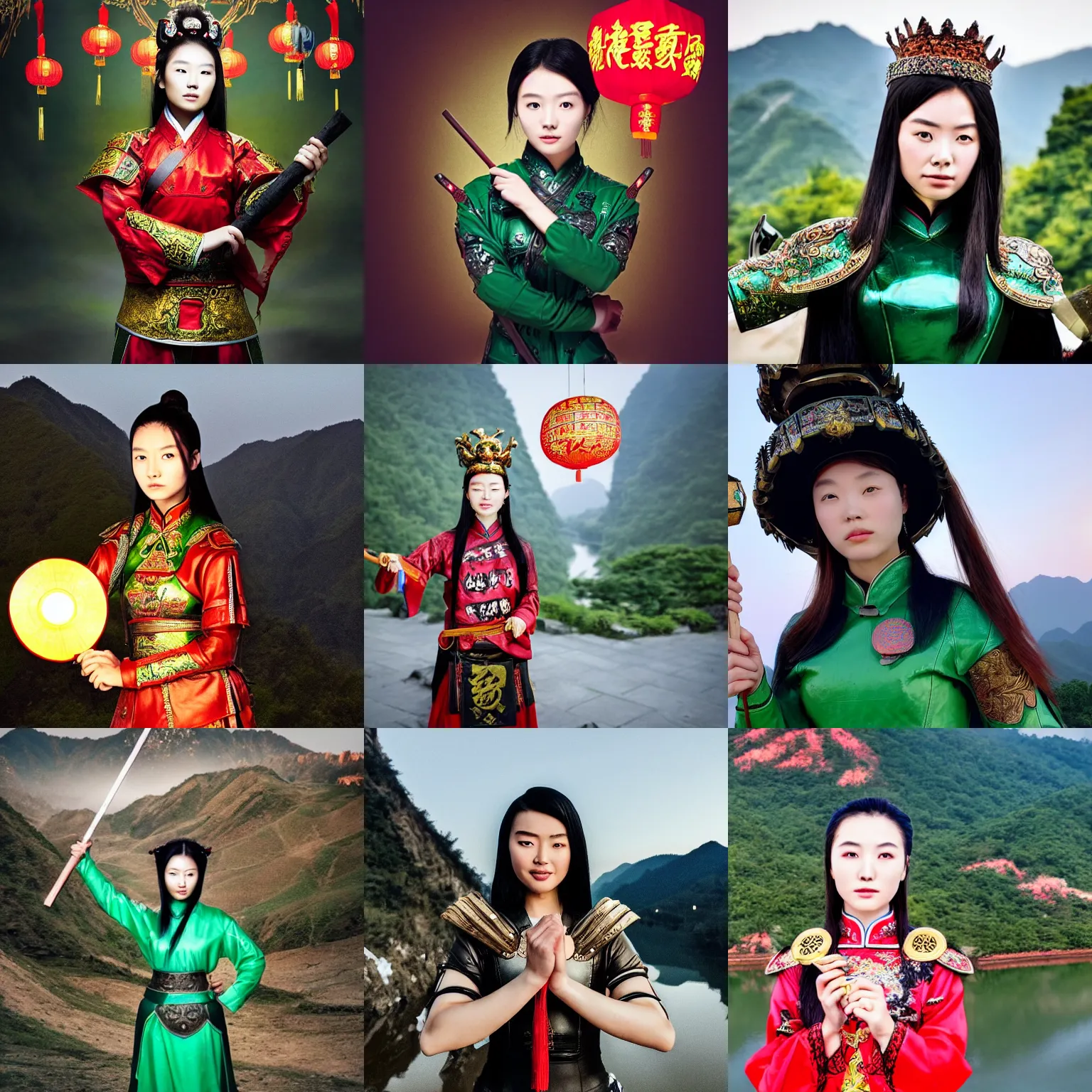 Prompt: Photo of a 21yo Chinese Queen, wearing leather armour and a green undershirt, holding a 🛡 and an 🪓, a fierce expression on her face, standing in the mountains of China, at night, chinese lanterns illuminate the sky