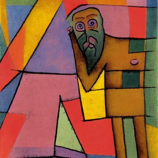 Image similar to paul klee painting of beard grandpa taking a photo to a baby girl