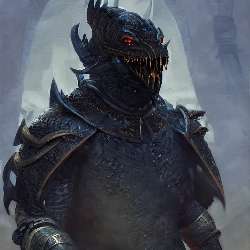 Prompt: digital art painting of a black dragonborn wearing armored wizard robes, dnd portrait painted by craig mullins and gaston bussiere and greg rutkowski