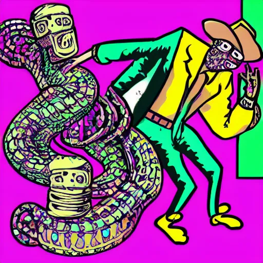 Image similar to breakdancing snake oil salesman, purple green cowboy b-boy, wildystyle