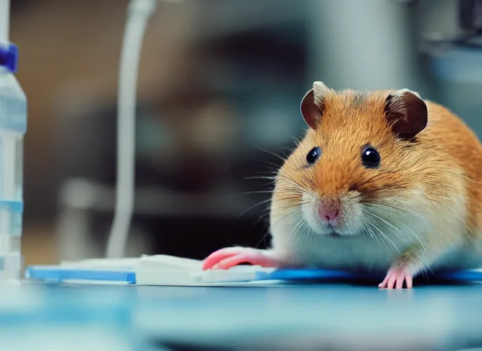Prompt: film still of a hamster wearing goggles working in a research lab finding the cure for cancer, 8 k