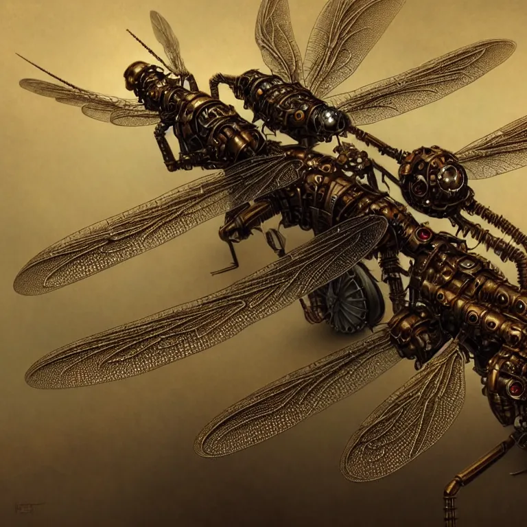 Image similar to steampunk robot dragonflies, unreal engine realistic render, 8 k, micro detail, intricate, elegant, highly detailed, centered, digital painting, artstation, smooth, sharp focus, illustration, artgerm, tomasz alen kopera, wlop
