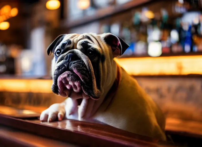 Image similar to a closeup, 4 5 mm, detailed photograph of a english bulldog drinking a beer on a bar - stool, sitting at a bar on a bar - stool, beautiful low light, 4 5 mm, by franz lanting