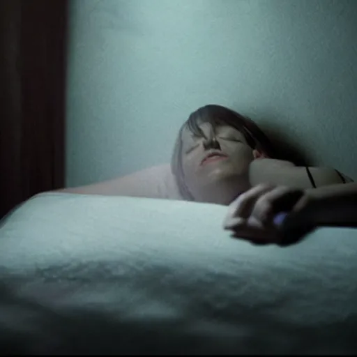 Image similar to movie still of a girl having sleep paralysis, cinematic composition, cinematic light, criterion collection, by david lynch