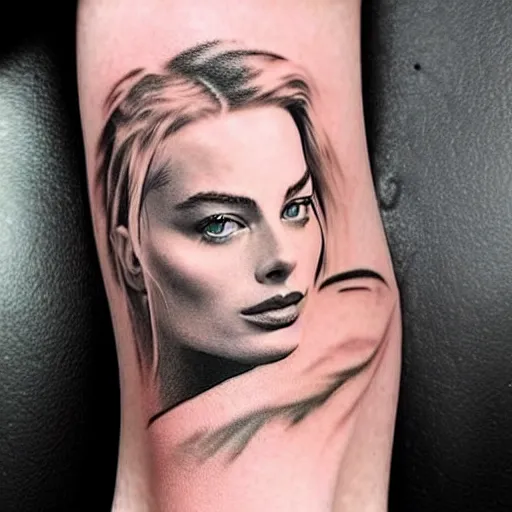 Image similar to realism tattoo design of margot robbie and nature mash up, in the style of arlo dicristina, amazing detail, face morph
