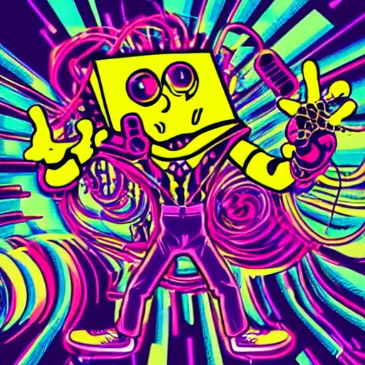 Prompt: artgerm, psychedelic laughing cybertronic spongebob, rocking out, headphones dj rave, digital artwork, r. crumb, svg vector