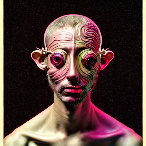 Image similar to Colour Caravaggio Bosch style Photography of Man with reflecting glowing skin with highly detailed 1000 years old face with reflecting glowing skin wearing highly detailed sci-fi VR headset designed by Josan Gonzalez. Many details . In style of Josan Gonzalez and Mike Winkelmann and andgreg rutkowski and alphonse muchaand and Caspar David Friedrich and Stephen Hickman and James Gurney and Hiromasa Ogura. Rendered in Blender and Octane Render volumetric natural light