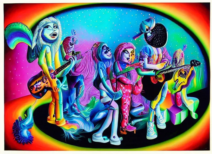 Prompt: a metal band holds a concert in the shadow dimension, an ultrafine detailed painting by lisa frank, trending on deviantart, pop surrealism, whimsical, lowbrow, colorful