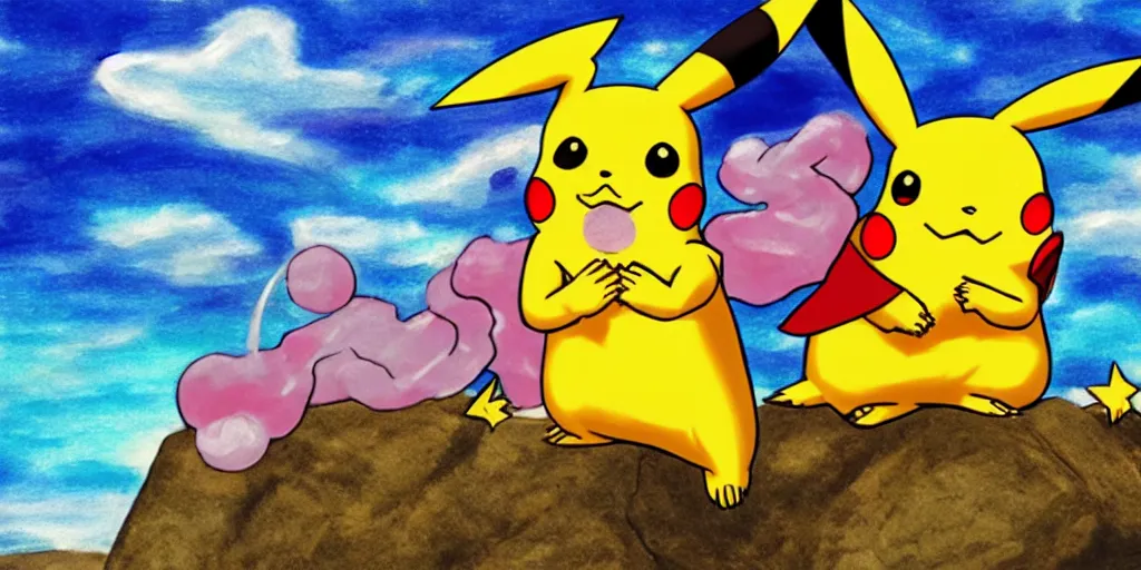 Image similar to ! dream pikachu smoking a fat blunt with ash sitting on a rock next to a river, bright blue sky colorful detailed drawing