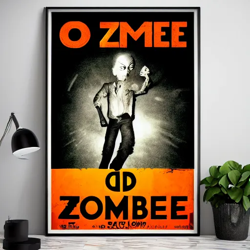 Image similar to old film poster zombie vr, text reads zombie