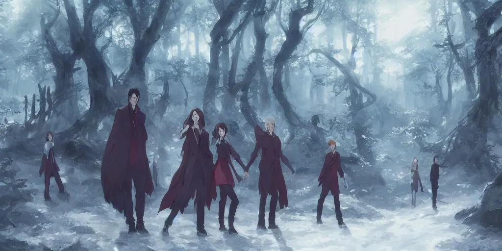 Prompt: group of vampires in the woods, hyperrealistic, trending on pixiv fanbox, painted by greg rutkowski makoto shinkai takashi takeuchi studio ghibli, akihiko yoshida