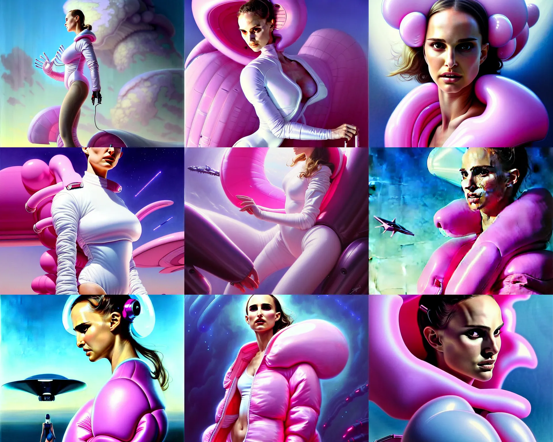 Image similar to beautiful fantasy character portrait, natalie portman, wearing oversized plastic puffy pink bomber jacket and white leotard, very seductive pose, ultra realistic, wide angle, dramatic lighting, futuristic vehicle, alien creatures, cyberpunk artifacts, highly detailed by peter mohrbacher, aaron horkey, hajime sorayama, boris vallejo,