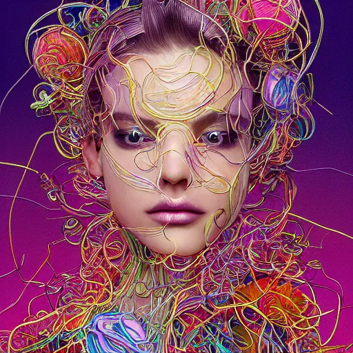 Image similar to the portrait of a ridiculously beautiful and elegant woman partially made of onion rings of all colors, an ultrafine detailed illustration by james jean, final fantasy, intricate linework, bright colors, behance contest winner, vanitas, angular, altermodern, unreal engine 5 highly rendered, global illumination, radiant light, detailed and intricate environment