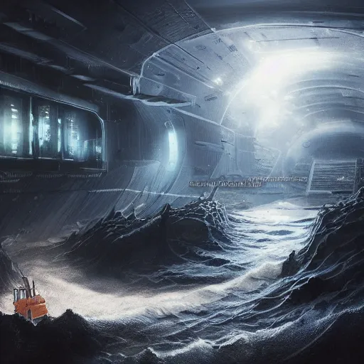 Prompt: deep sea mining installation, science fiction, dark, sinister, gradients, highly detailed, cinematic matte painting, concept art, smooth, sharp focus