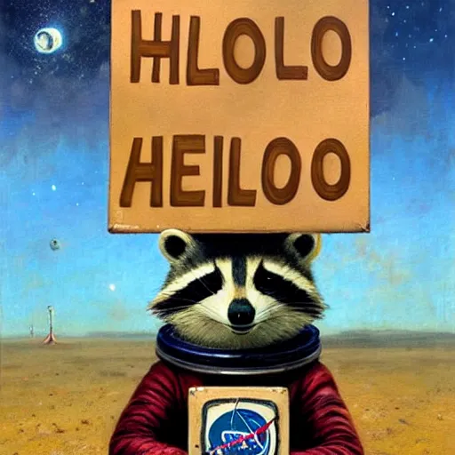 Image similar to astronaut racoon holding a sign that says hello by esao andrews