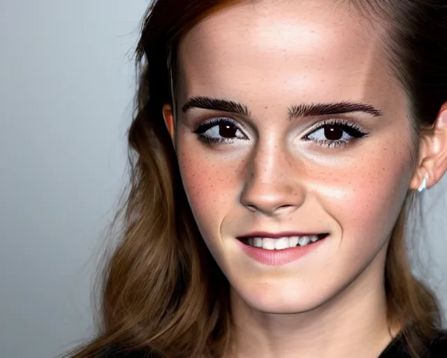 Prompt: color studio photo of emma watson with asian eyes, closeup, smiling, black hair