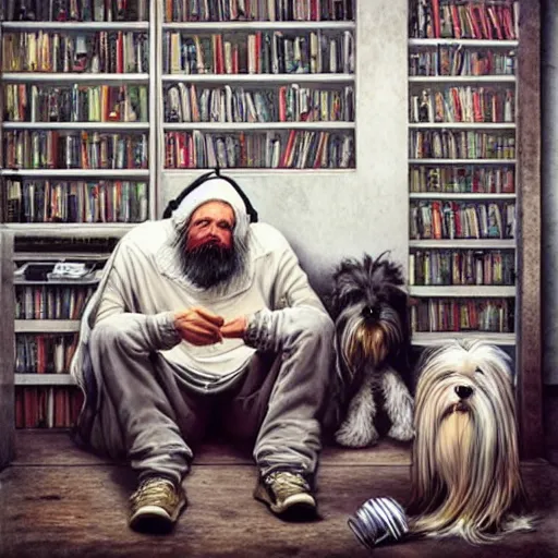 Prompt: homeless man hobo with long beard and long hair sitting at his computer in a white room asylum, headphones on head, his pet dog yorkshire terrier sitting beside him, pixar style, by tristan eaton stanley artgerm and tom bagshaw.