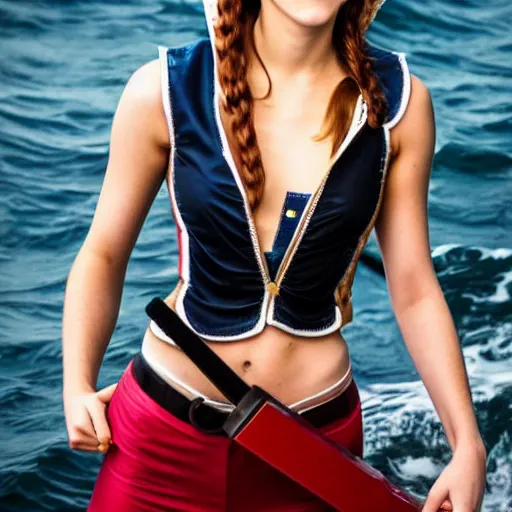 Image similar to a full body photo of emma watson as nami from one piece holding a trident in one hand, award winning photography, 50 mm, perfect faces.