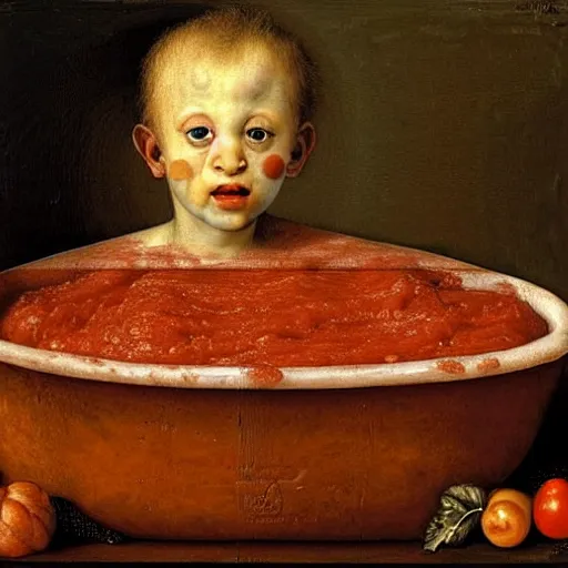 Image similar to a boy sitting in a tub full of tomato sauce, a lot of cabbage, dinner is served, by giuseppe arcimboldo, odd nerdrum and ambrosius benson, renaissance, fruit, intricate and intense oil paint, realistic