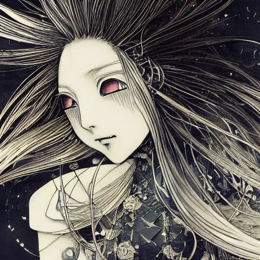 Image similar to yoshitaka amano blurred and dreamy illustration of an anime girl with black eyes, wavy white hair fluttering in the wind wearing elden ring armor and engraving, abstract black and white patterns on the background, noisy film grain effect, highly detailed, renaissance oil painting, weird portrait angle, blurred lost edges, three quarter view, blue and white color palette