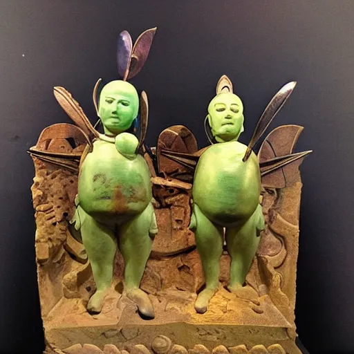 Image similar to Salvador Dali surrealist sculpture of a Moche Lima Bean Warrior fighting and egghead Warrior